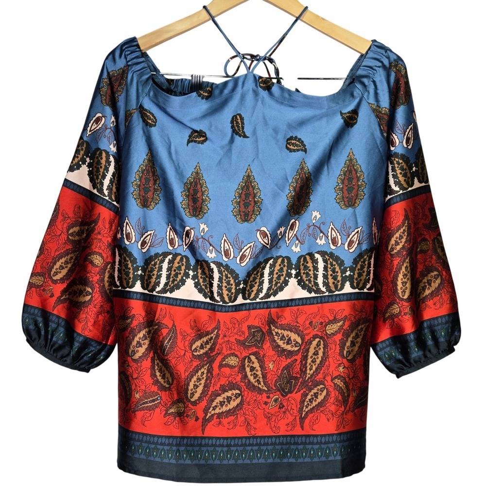 LOFT Blue Red Paisley‎ Medallion Satin Off-Shoulder Tie Neck Blouse Top M NWT